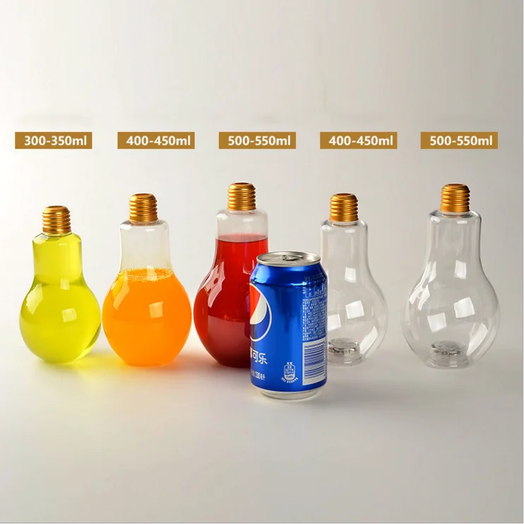 300ml 10oz Juice Coffee Beverage Disposable Light Bulb Shape PET Plastic Bottle With Led Lamp For Decorated