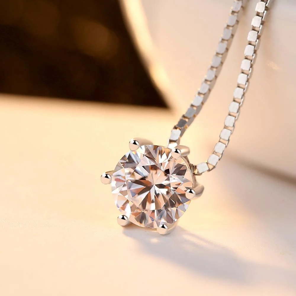 CZCITY Classic White Gold Plated Six Claws Cubic Zirconia 925 Sterling Silver CZ Diamond Pendant Necklace for Women Jewelry Gift