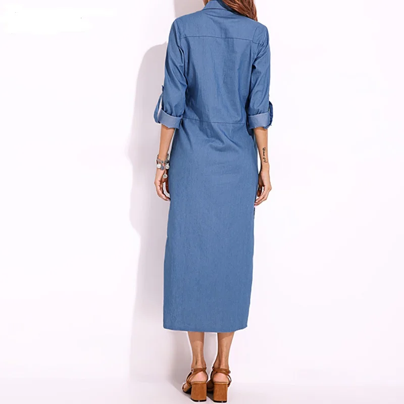 Custom Plus Size Denim Dress Women Button Maxi Vestidos Autumn Female Split Blue Shirt Dresses Elegant With Pockets