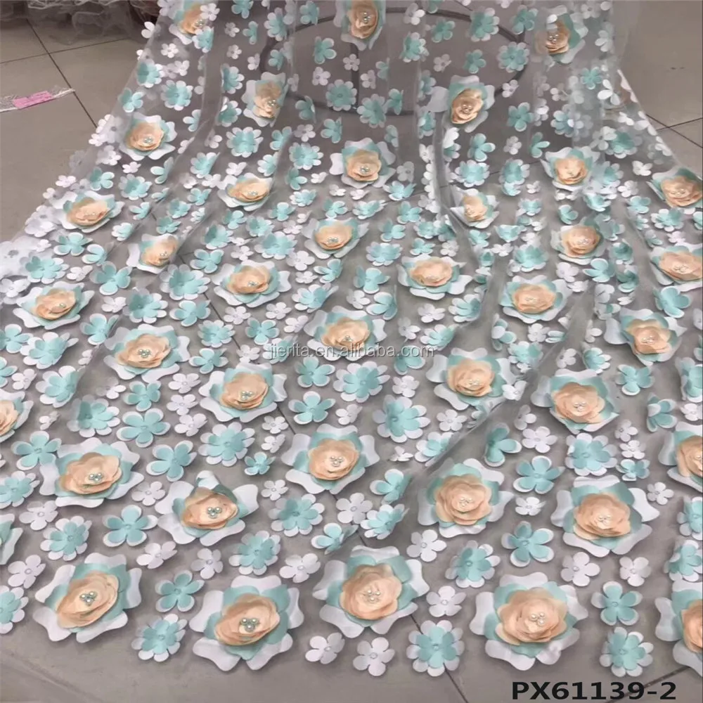 Nice patterns Red 3d flower embroidery wedding tulle lace fabric with pearl