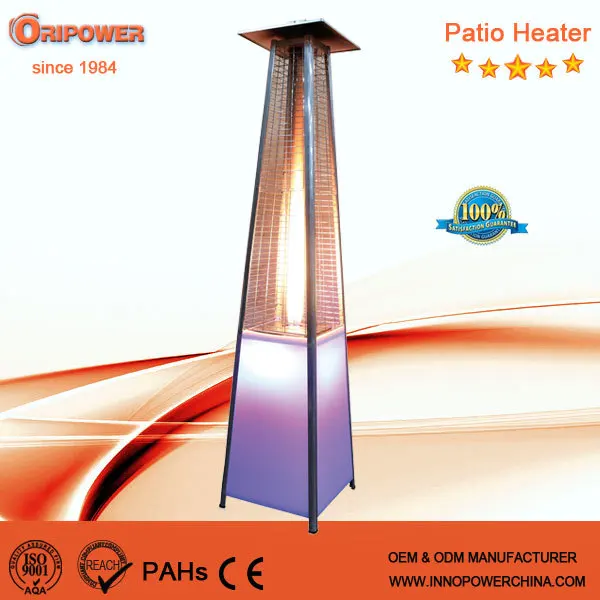 Outdoor LED light pyramid real flame gas patio heaters with quartz glass tube