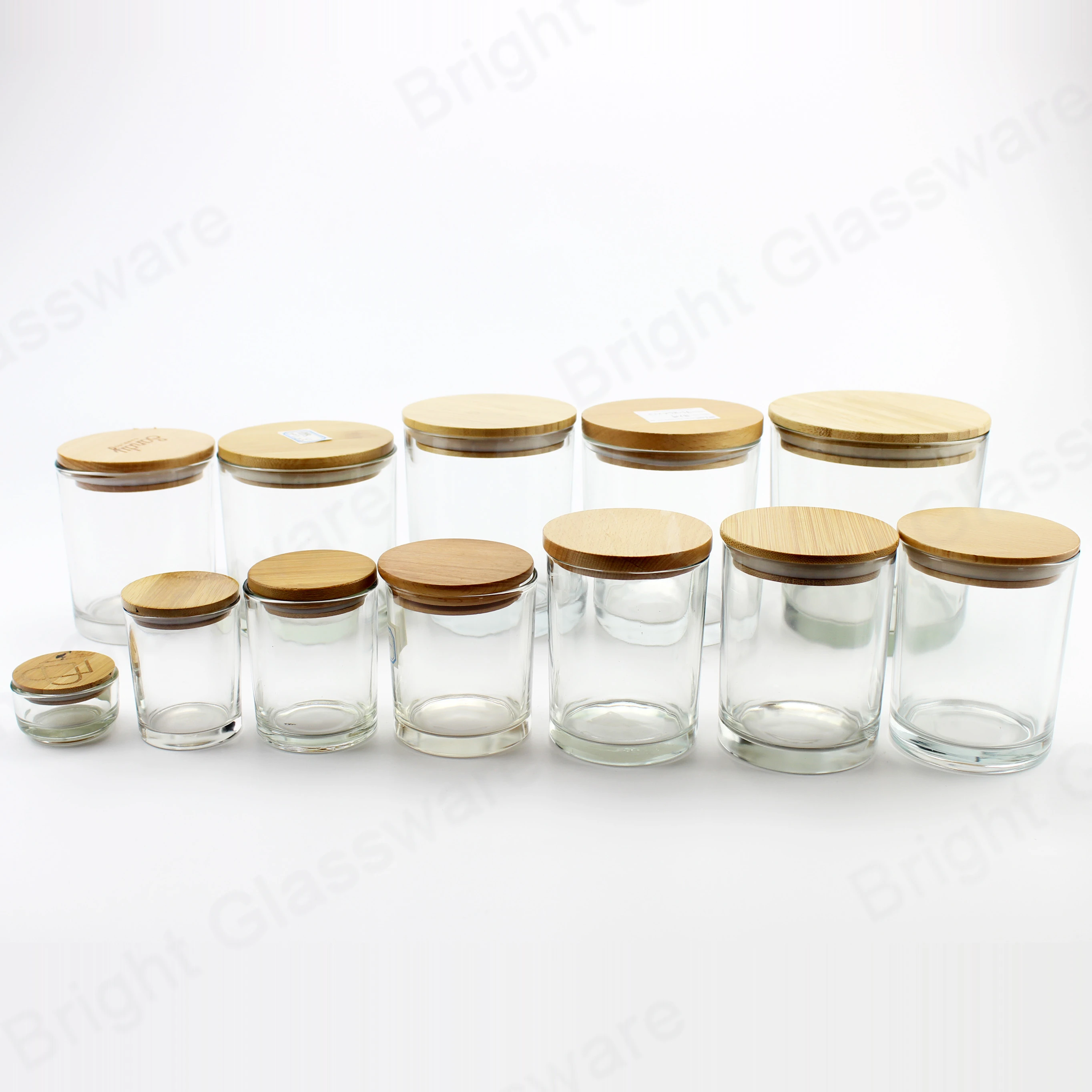 Оптовая продажа пустая Прозрачная Круглая Стеклянная банка для хранения с деревянными крышками