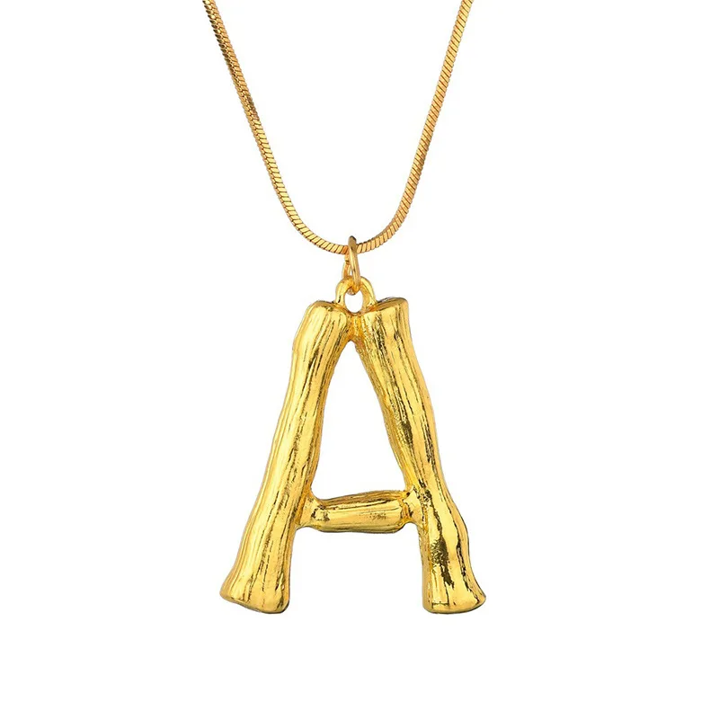 Hot Selling New Design Statement A-Z Bamboo Letter Necklace Gold Plated  Metal Alphabet Pendant Necklace Jewelry