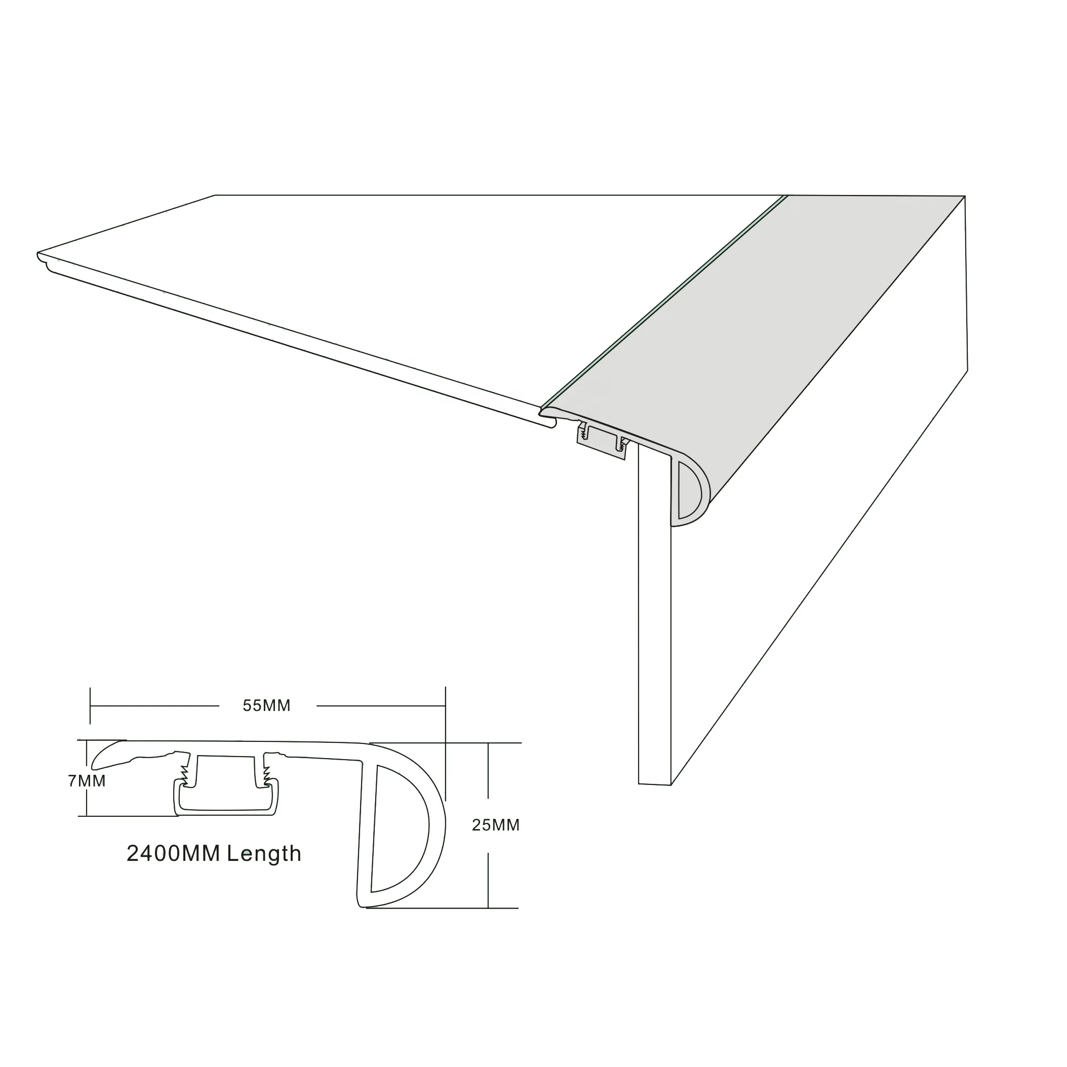 SPC/WPC/ламинированный перекрытый лестничный нос 55 мм x 25 напольные аксессуары экологически чистые молдинги