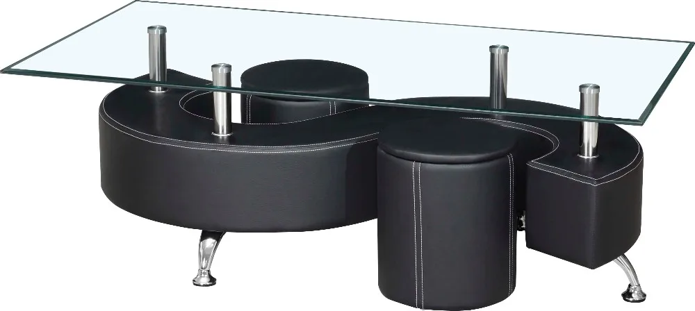 S shape cheap leather glass coffee table with stools  CT1022