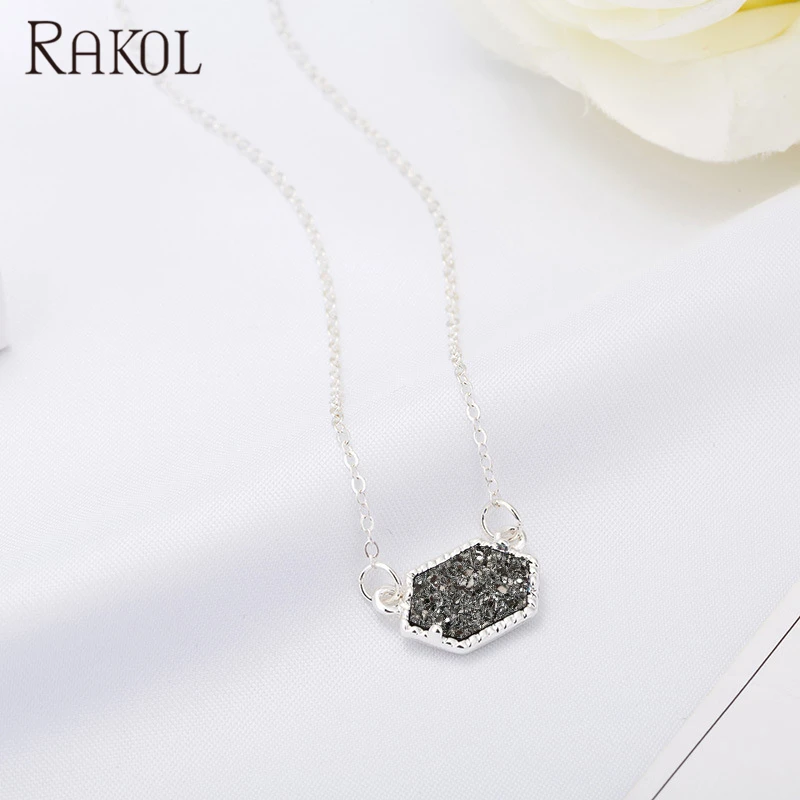 RAKOL NN036 Women Natural Stone Jewellery Pendant Necklace Druzy Crystal Gold/Silver Plated Bar Pendant Jewelry