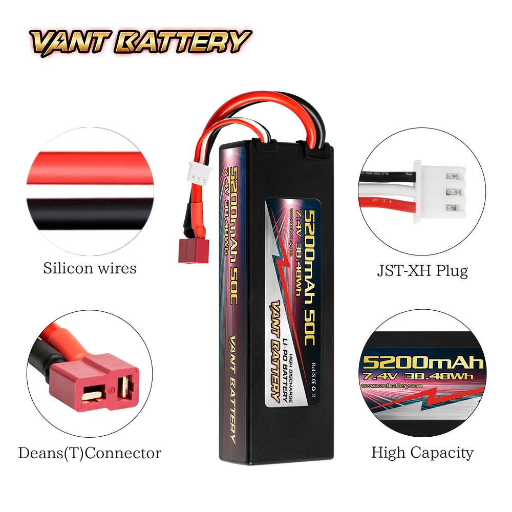 VANT RC Lipo Battery 5200mah 7.4V 50C 2S Black Ce Rc Car Toys Lithium Battery Charger Usb Cable Normal Temperature and Dry 2C