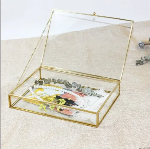 Retro Rectangle Cover Black Gold Brass Glass Jewelry Cosmetic Organizer Box