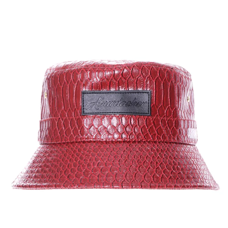 
wholesale red waterproof leather patch custom leather bucket hat  (60802314334)