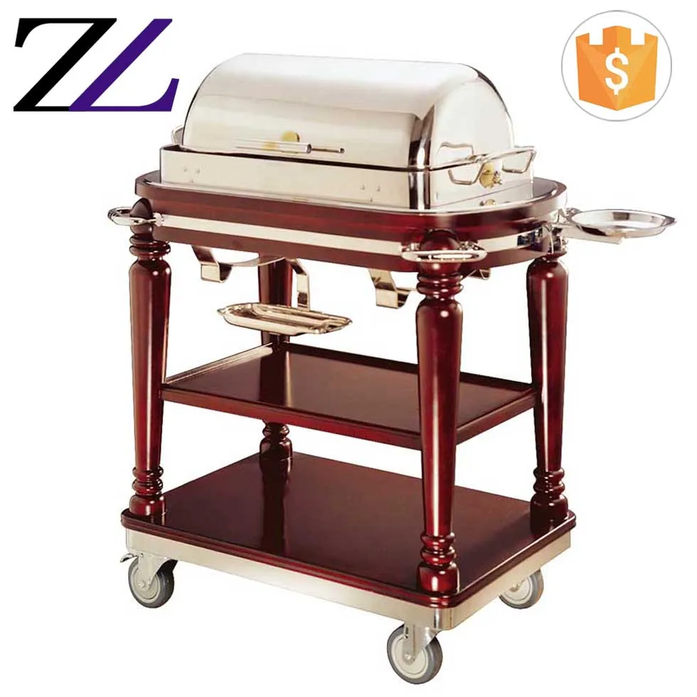 Solid wooden stainless steel hotel shafing dish rare vintage electric roast beef sliver plated food warmer chafing dish trolley