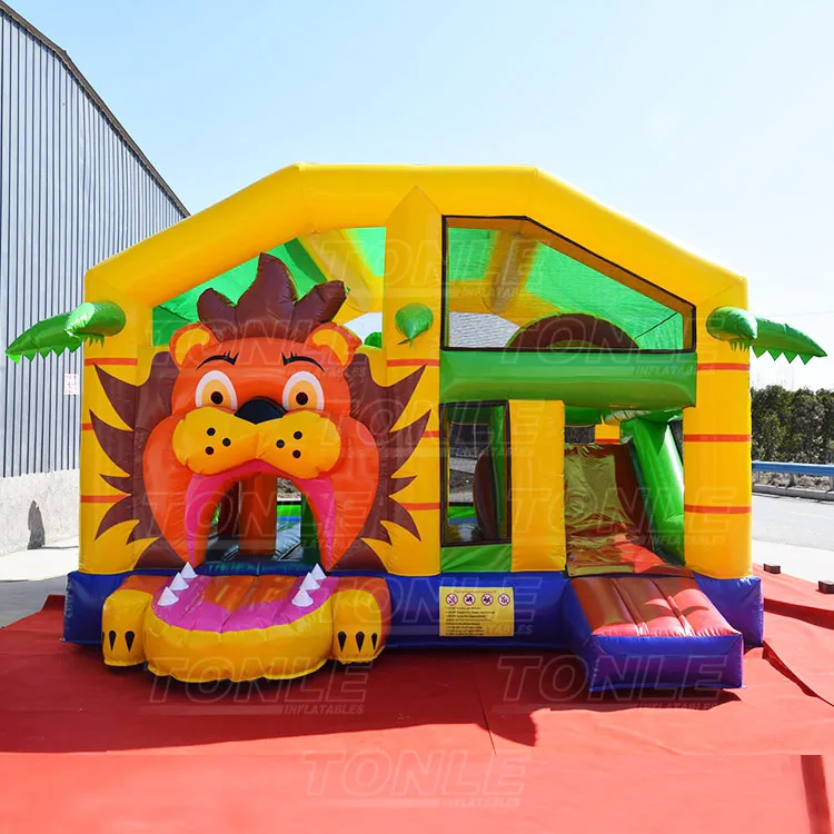 most popular multiplayer lion with roof inflatable jumping bouncy castle,cheap bounce house with slide combo for sale