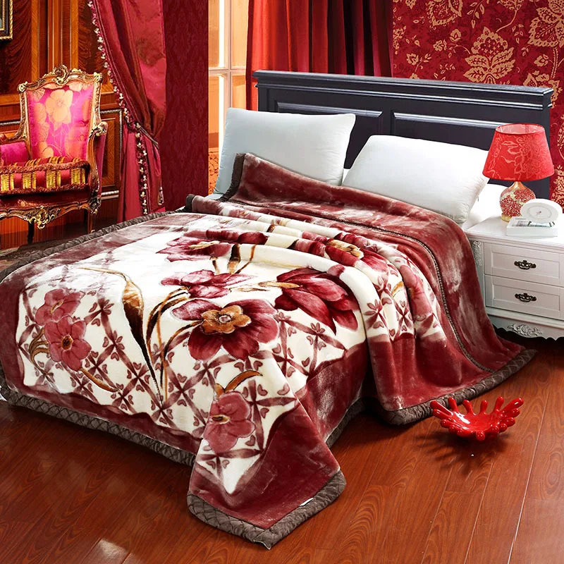 Yutong Raschel Blanket Polyester Double-layer Thick Blanket Winter Warm Flower Printed Pattern Soft Sleeping Blanket 5KG