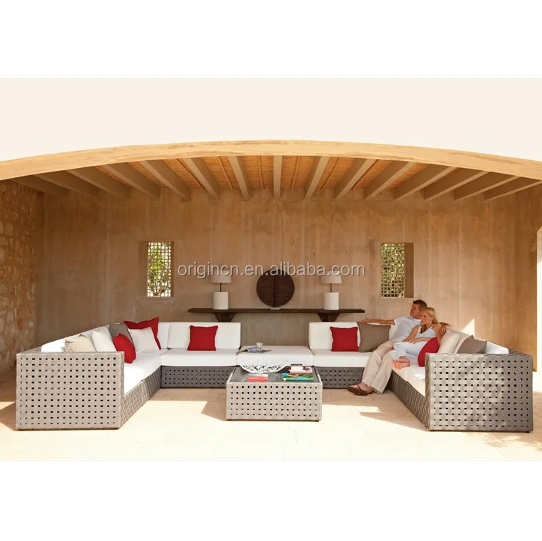 Современный диван для ожидания из широкого ротанга с ажурным дизайном и кофейным столиком, набор мебели для отеля