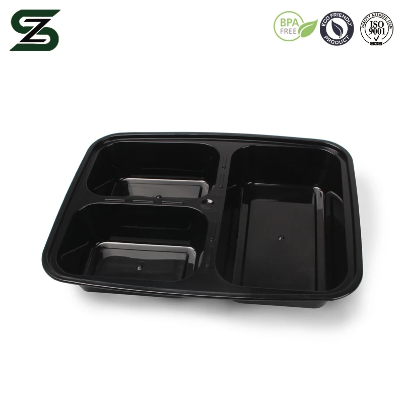 
Free eco-friendly microwave safe black 3 compartment takeaway plastic food container with clear lid 
