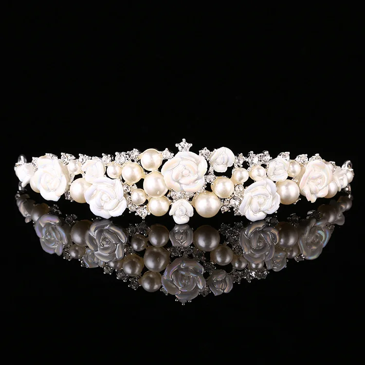 New ceramic rose flower pearl tiara bridal wedding alloy crown factory direct