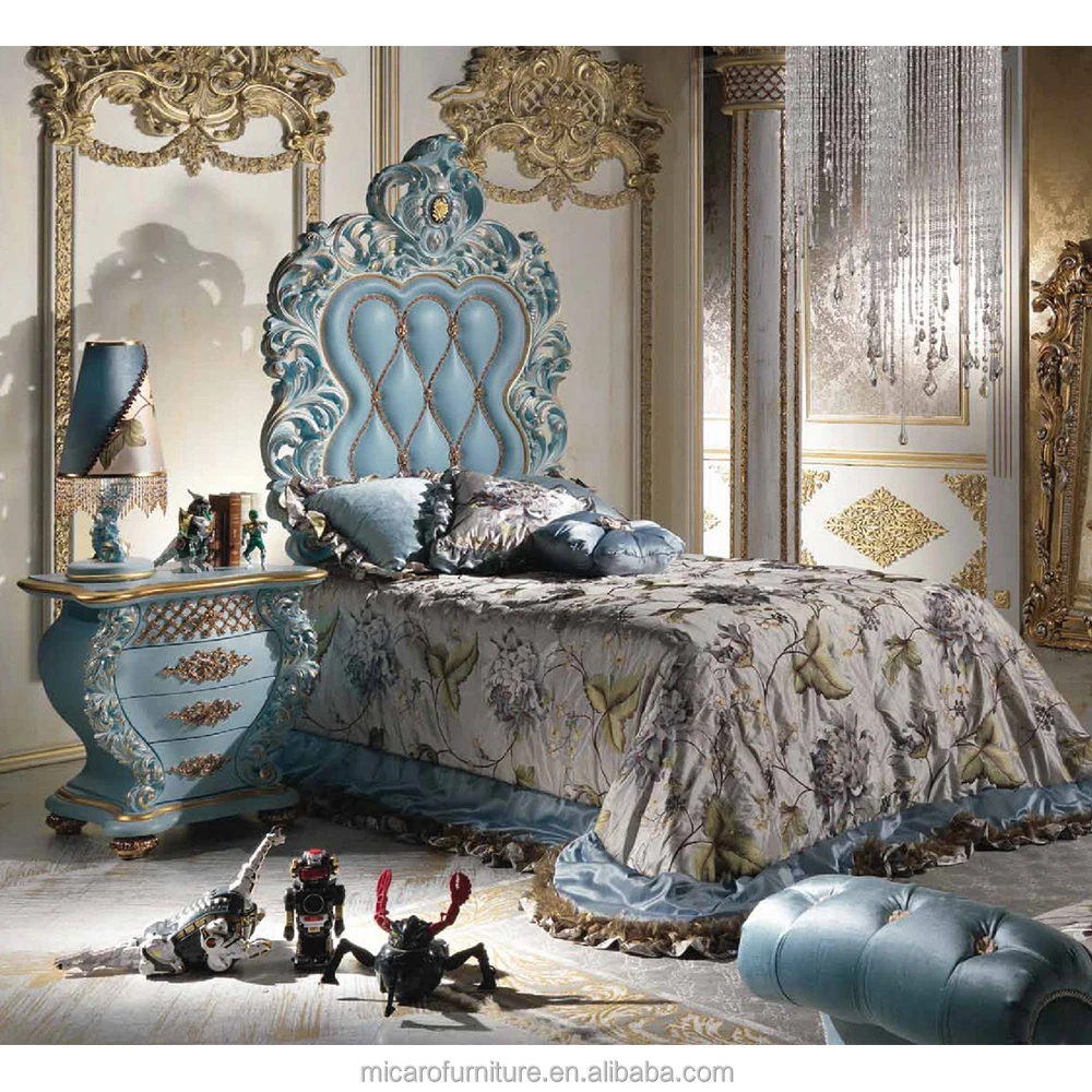Luxury romantic wooden Sky blue color leather headboard antique Prince kids bed