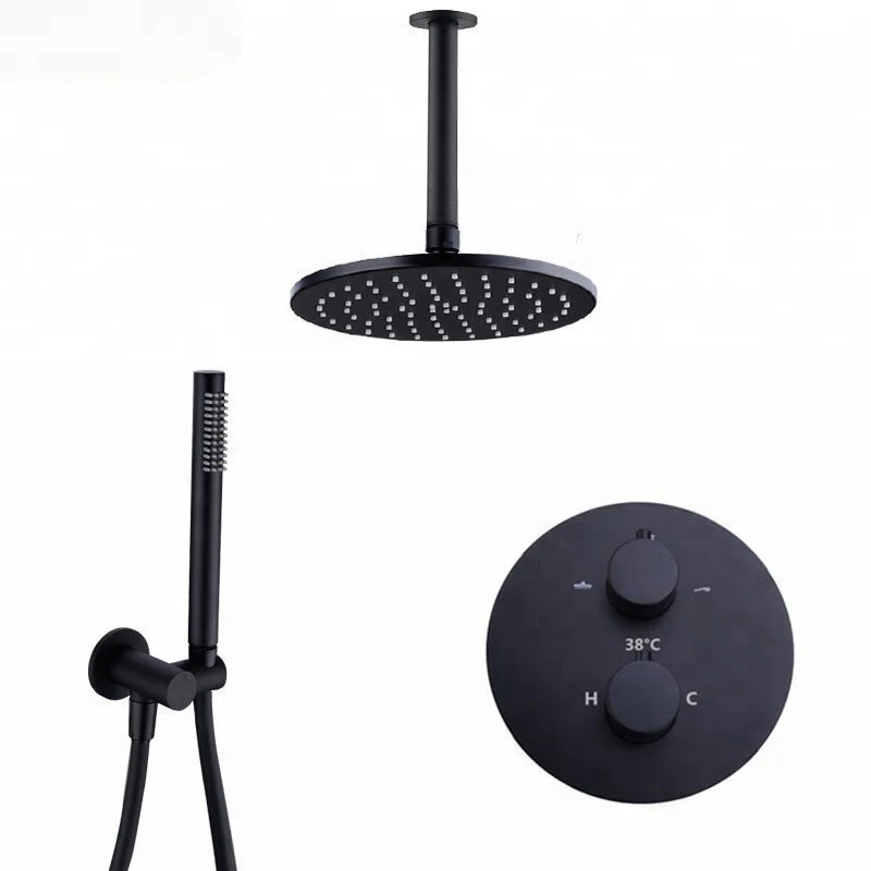 Brass Black Shower Faucets 8-12 Inch Bathroom Shower Diverter 2&3 Ways Thermostatic Valve Shower System