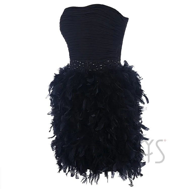 Европейский дизайн, цельное черное коктейльное мини-платье без бретелек с перьями