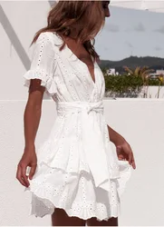 White Embroidery Cotton Dresses Summer Women Short Sleeve Casual Beach Sundress Sexy V Neck Hollow Out Mini Dress Coldker