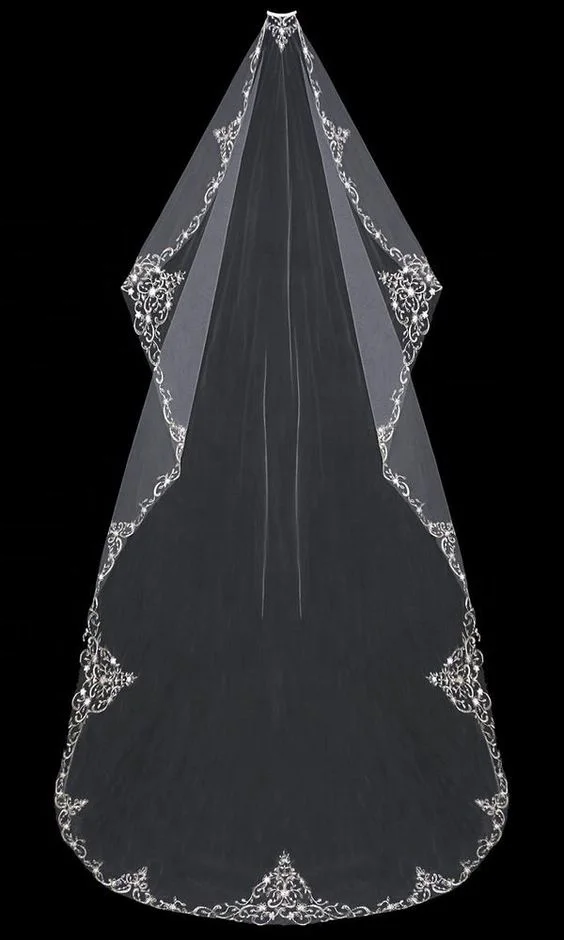 
Beautiful Lace Embroidery One-Layer Ivory Long Wedding Bridal Dress Veil 2019 