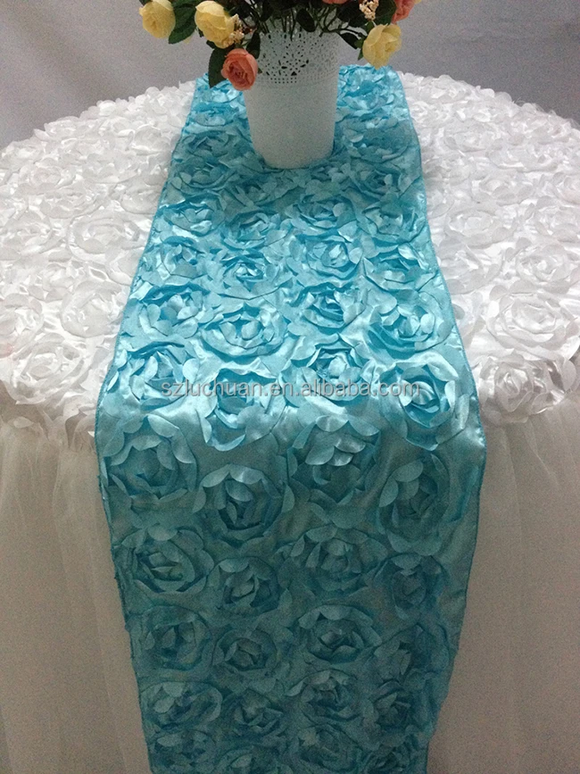 Wedding Light Blue Satin Rosette Table Runner For Round Tables