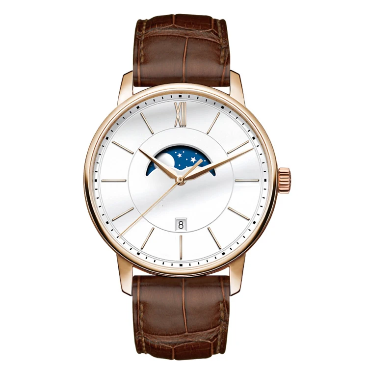 Custom Logo Elegant Stainless Steel Moon Phase Watches for Men Western Style Luxury Relojes Wrist Watch