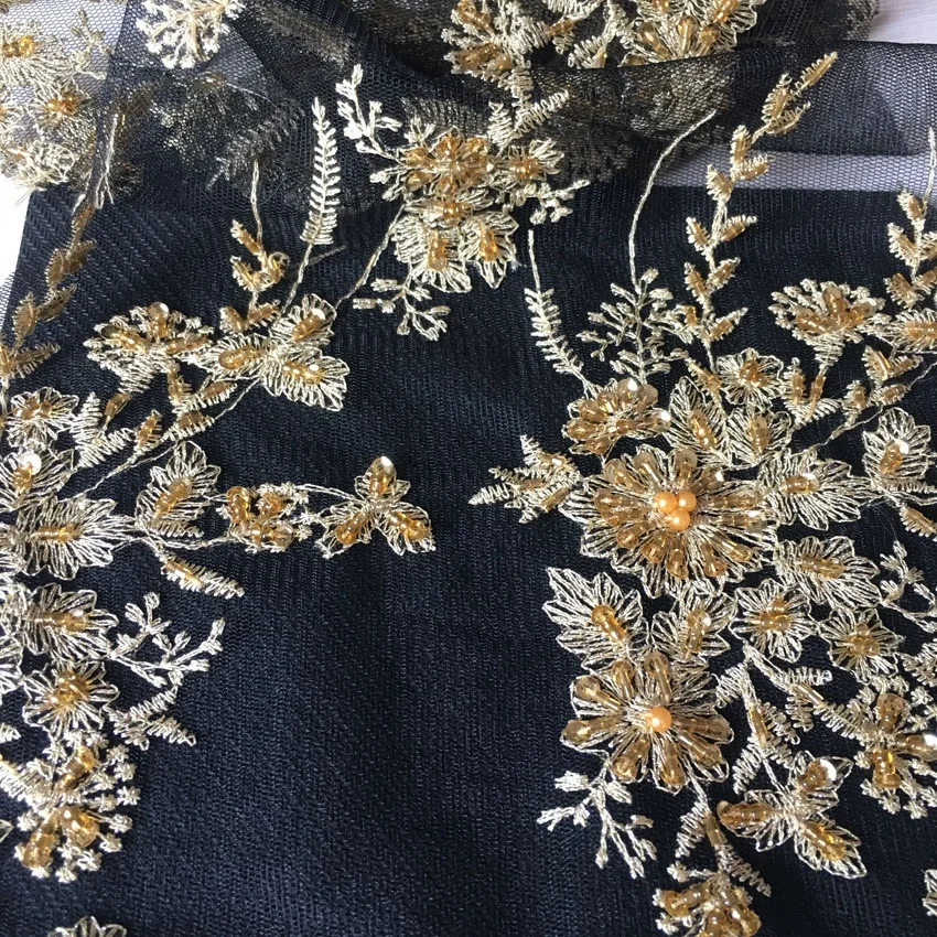 best selling black tulle with gold embroidery hand beaded accessories beautiful fabric  for women dresses