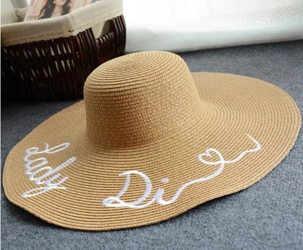 Wholesale lady large brim collapsible sunscreen embroidery straw floppy hat