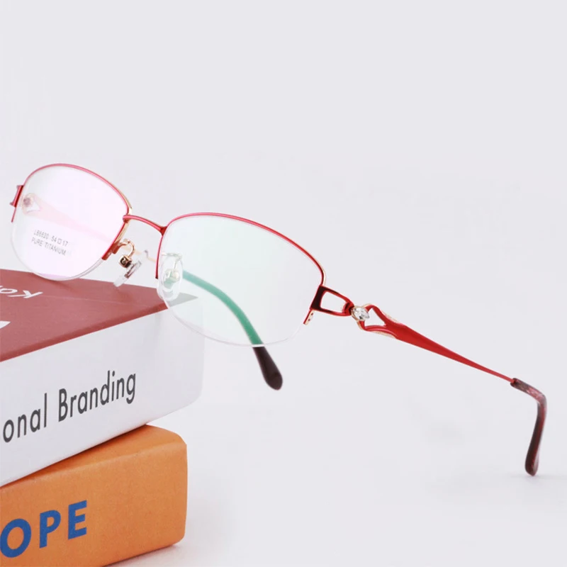 Ready Made New Design Women Pure Titanium Glasses Frame Fashion Diamond Decor Ladies Ultralight Red Spectacle Frame Eyeglasses