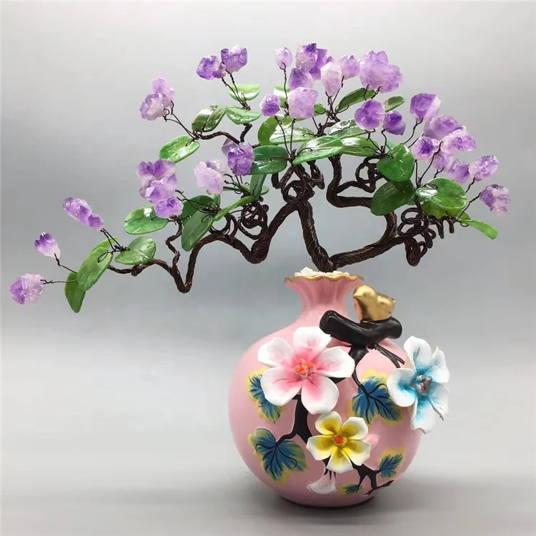 Feng Shui Natural Amethyst Purple Crystal Quartz Gem Stone Money Tree
