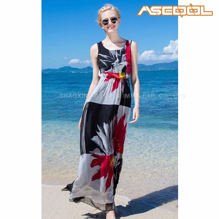 Dry cleaning elegant sleeveless 100% silk bohemian pattern long beach dress