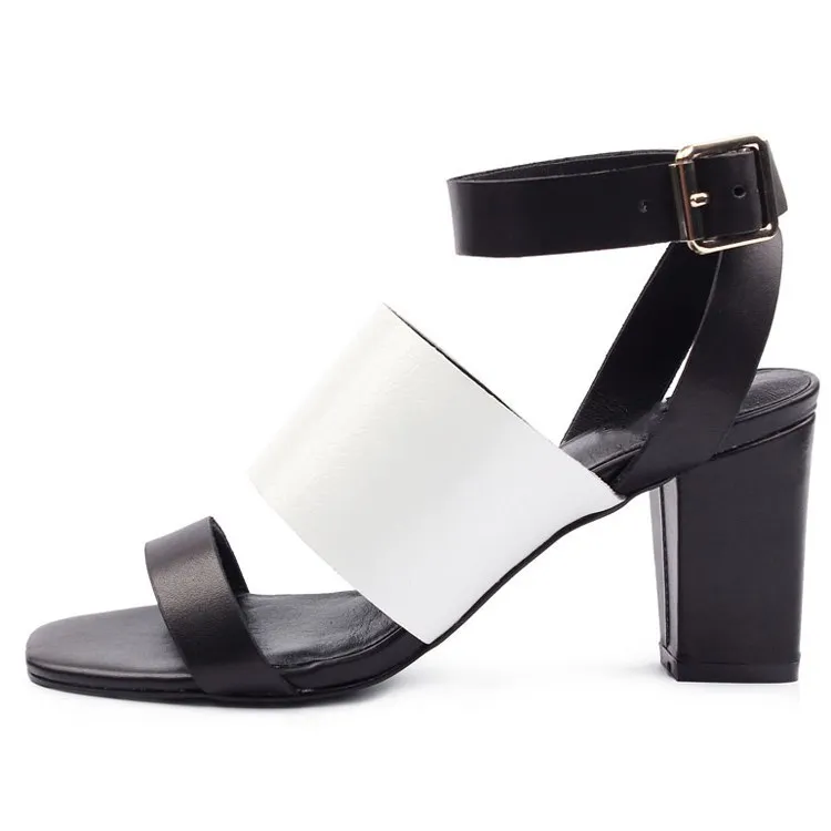 Casual designer shoes white ankle strap leather rubber buckle strap square women high heel open toe sandal wholesale custom logo