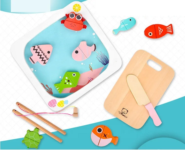 Multifunction Educational Cutting Fish Kids Wooden Ocean Fishing Game Magnets Toys