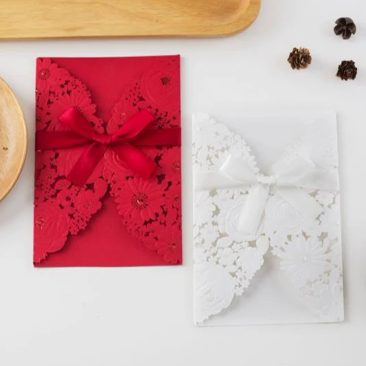 Лучшие Элегантные красные жемчужные бумажные свадебные приглашения ручной работы с лазерной резкой