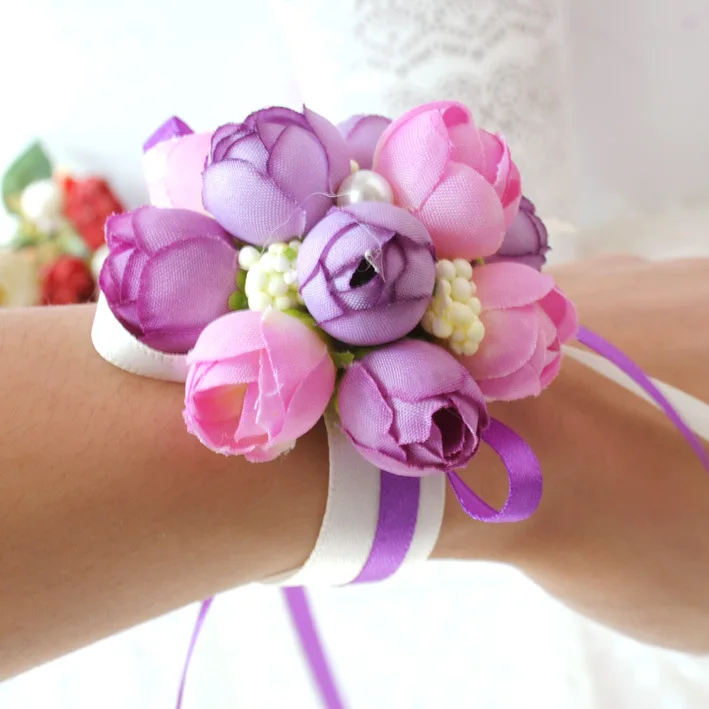 
ZH3624G Wholesale Beautiful Bridesmaid Wrist Flowers Wedding Accessories Artificial Flowers Colorful Hand Flowers 