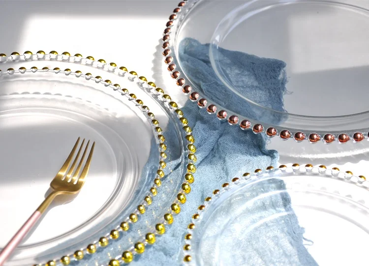 
Crystal beaded reef gold glass charger plates wed party underplates 