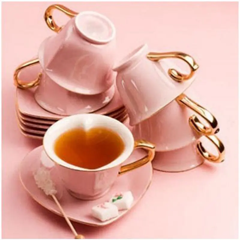 
EU Market elegant Ceramic tea coffee cup and saucer heart shaped with gold rimmed handle 