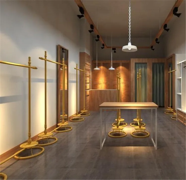 Boutique Fashion Shop Supplies Stainless Steel Hanger Frame Floor Display Stand Clothes Brass Display Rack