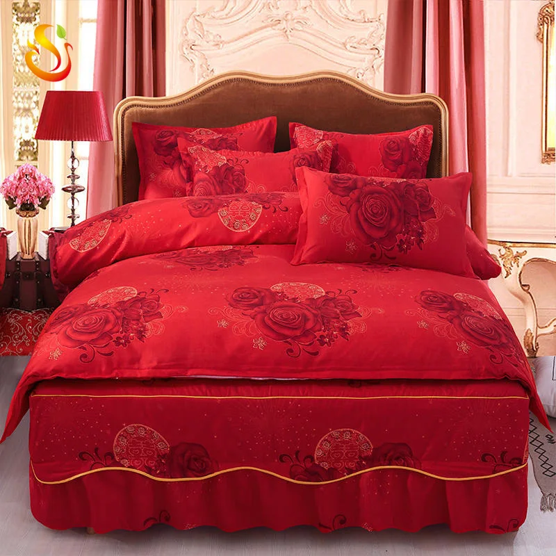
China supplier polyester cotton red roses pattern sheet four pieces cotton bedding sets bed skirt style 