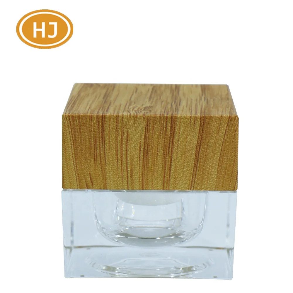 
15g Square Acrylic Cream Jar for Skin Care with Double Wall and Wood/Bamboo Pattern Lid 