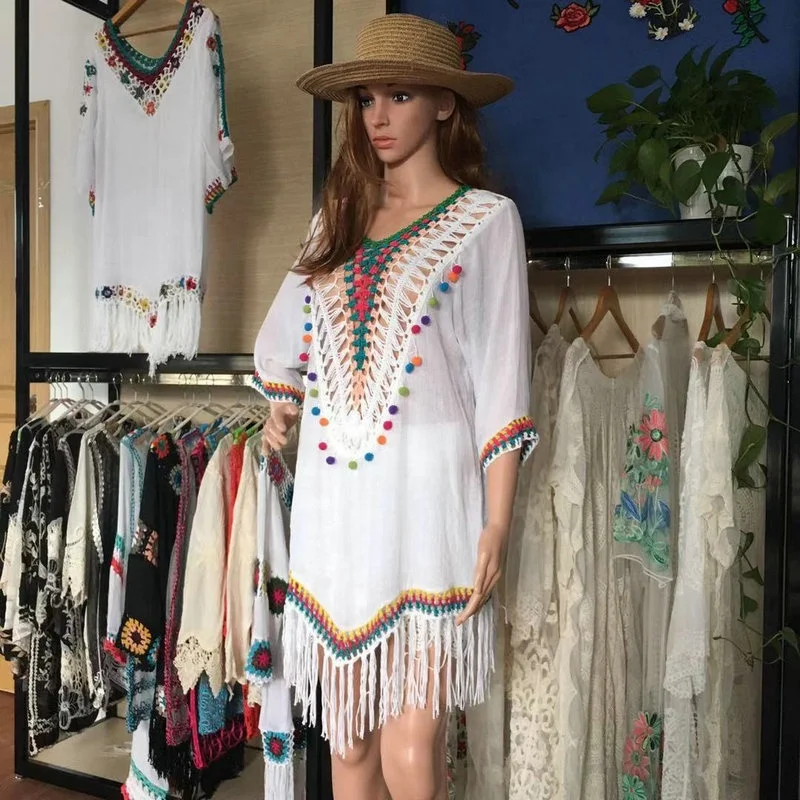 Fashion lady summer beach blouse crochet lace neck Cover up beach Blouse manufacturer