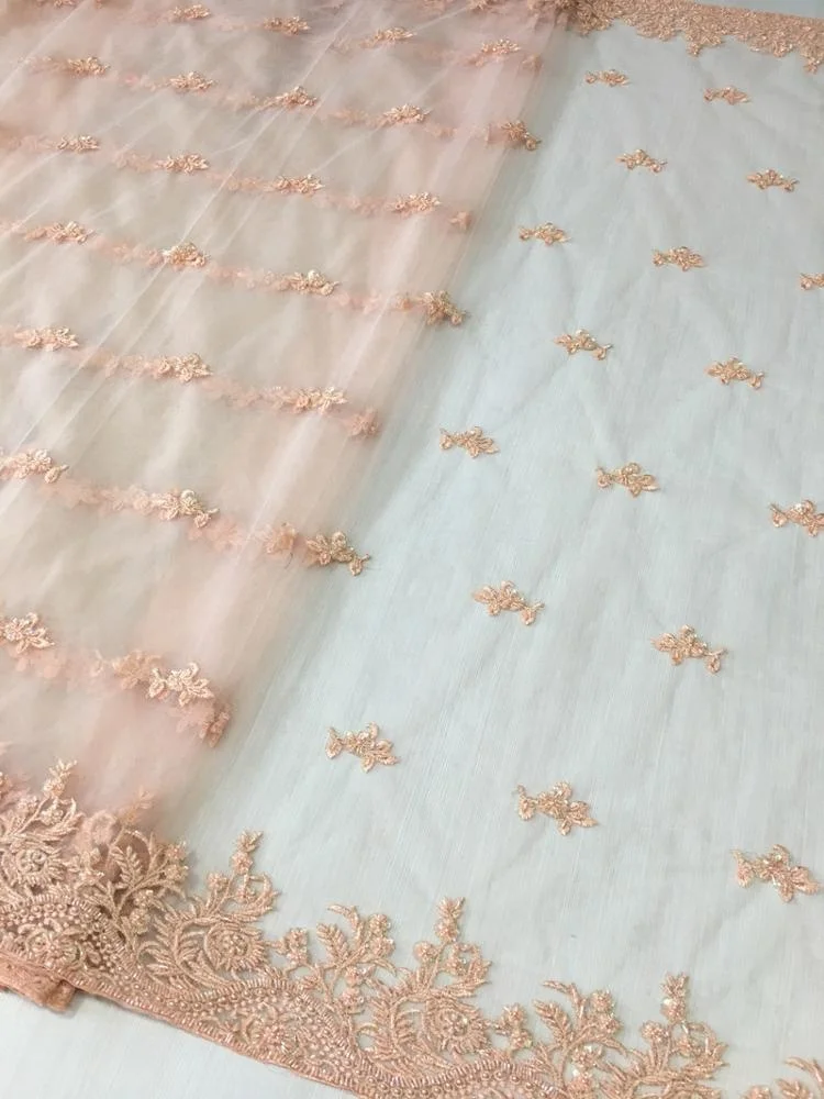 high quality peach embroidery sequin and beaded lace tulle fabric for women dress, simple designs heavy beaded fabric