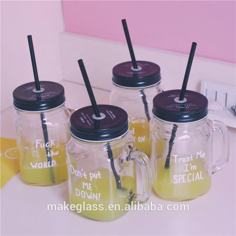 500ml 16oz Wide Mouth Clear Glass Mason Jar Canning Jar with handle for juice drinking