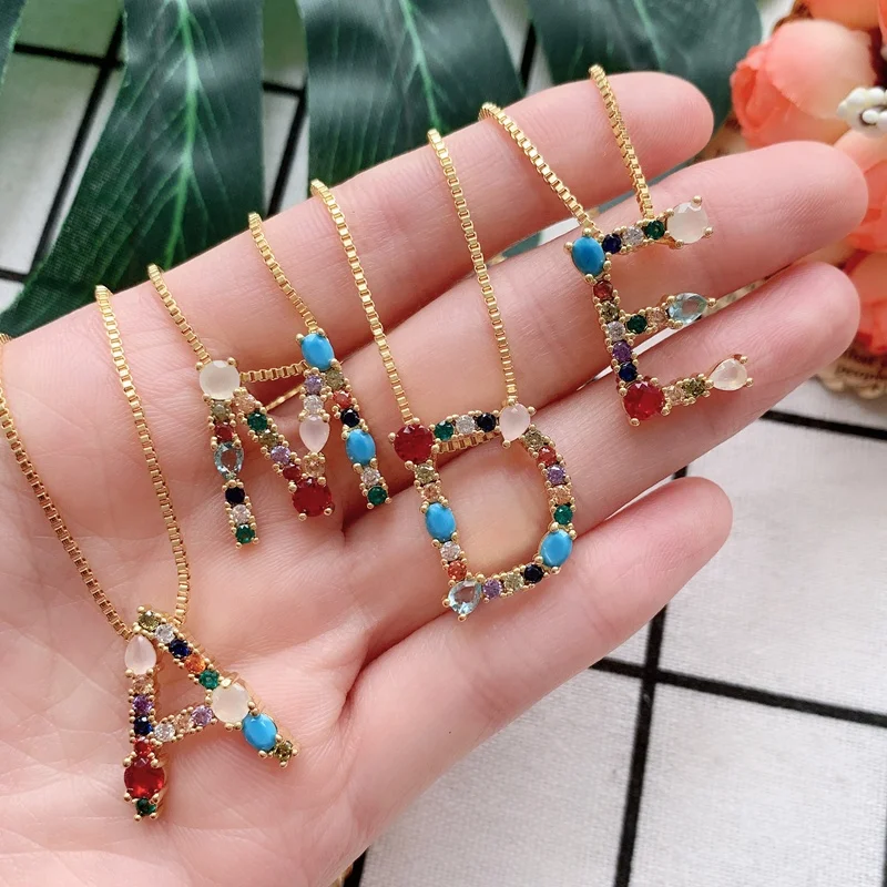 
Brass Gold Plated Jewelry A M 26 Rainbow Color Zircon Stone Initial Letter Necklace Carta Joyas Collar 