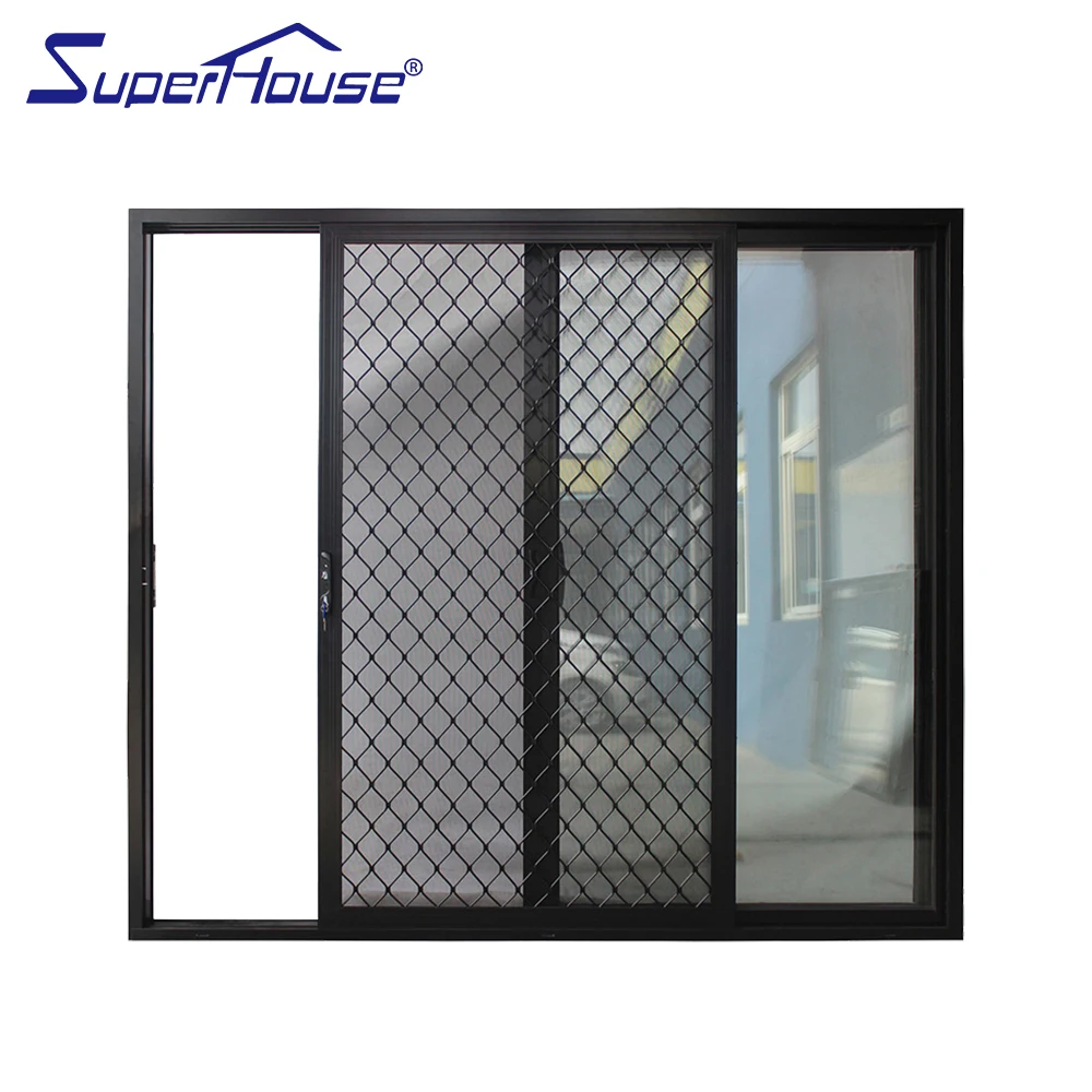 Superhouse Modern Aluminum Alloy Double Glass Patio Door Sliding Fly Screen Gate Stack Glass Door Wooden Fly Screen Gate Stack