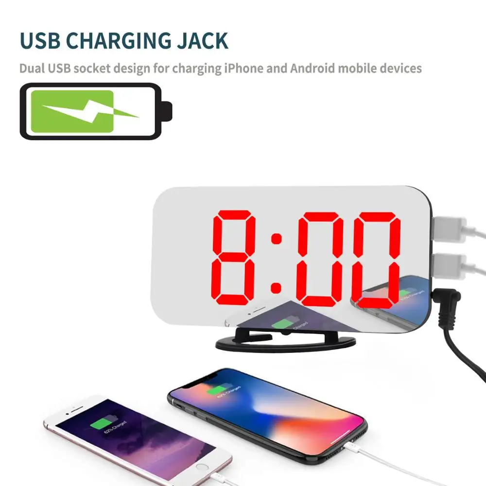 Large LCD Screen Mirrored Alarm Clock Digital Decorative Hotel Office Home Decor Clock with Dual USB Charging Station