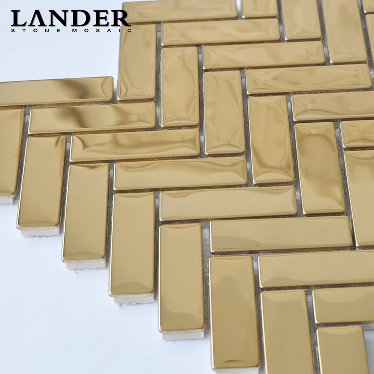 Herringbone golden glossy finish stainless steel mosaic