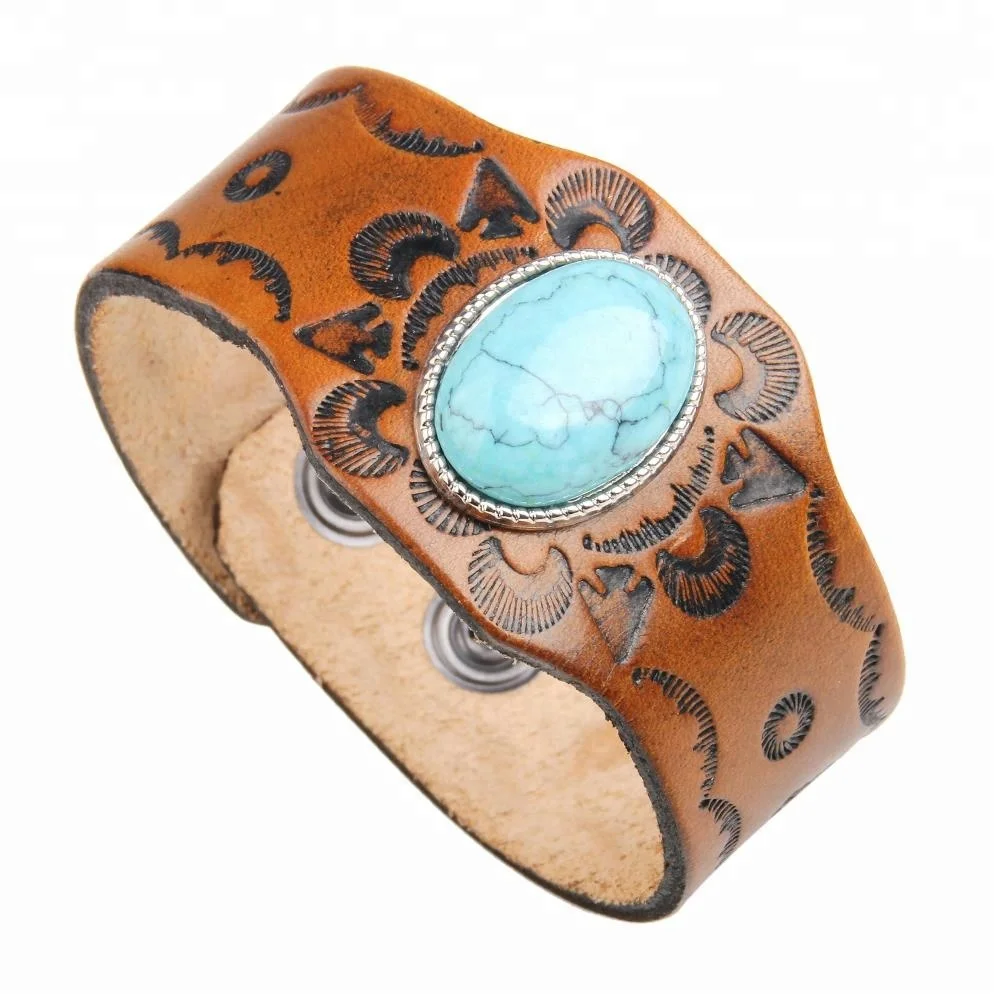 Vintage Turquoise Stone Engraved Wide Genuine Leather Cuff Bracelet Men