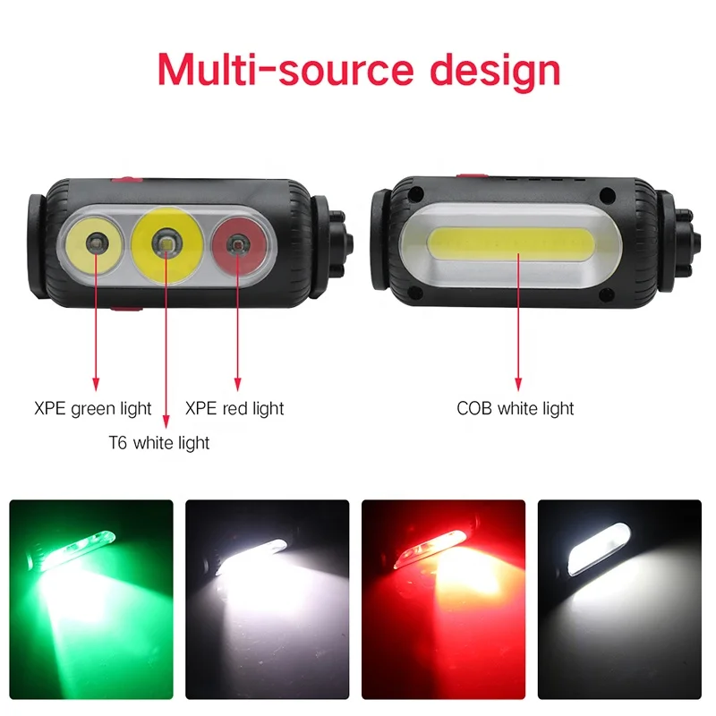 360 Degree Rotating Brightness Head Flashlight with Red Green White Emitting Color Light Multi Functional Rechargeable