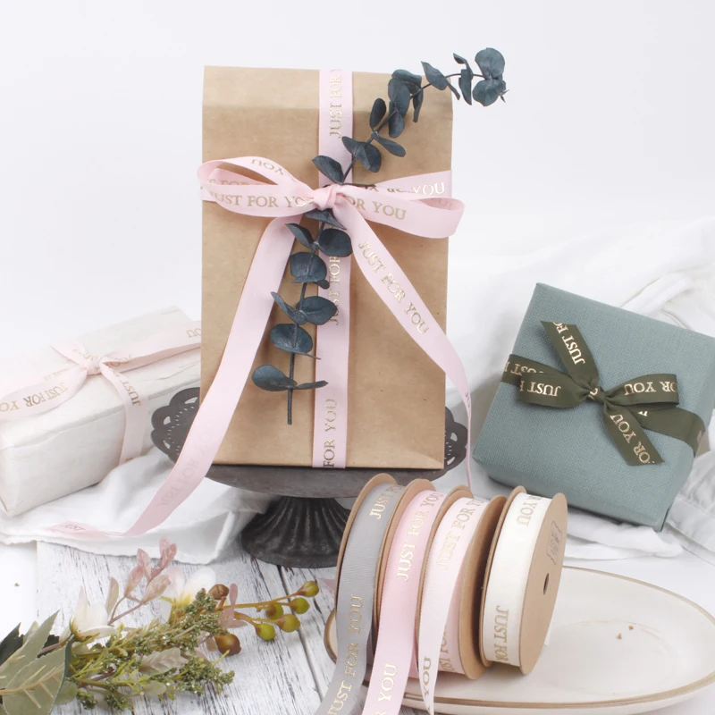 
New Arrival Morandi Color 100% Polyester Gold Foil Printed Taffeta Ribbon 